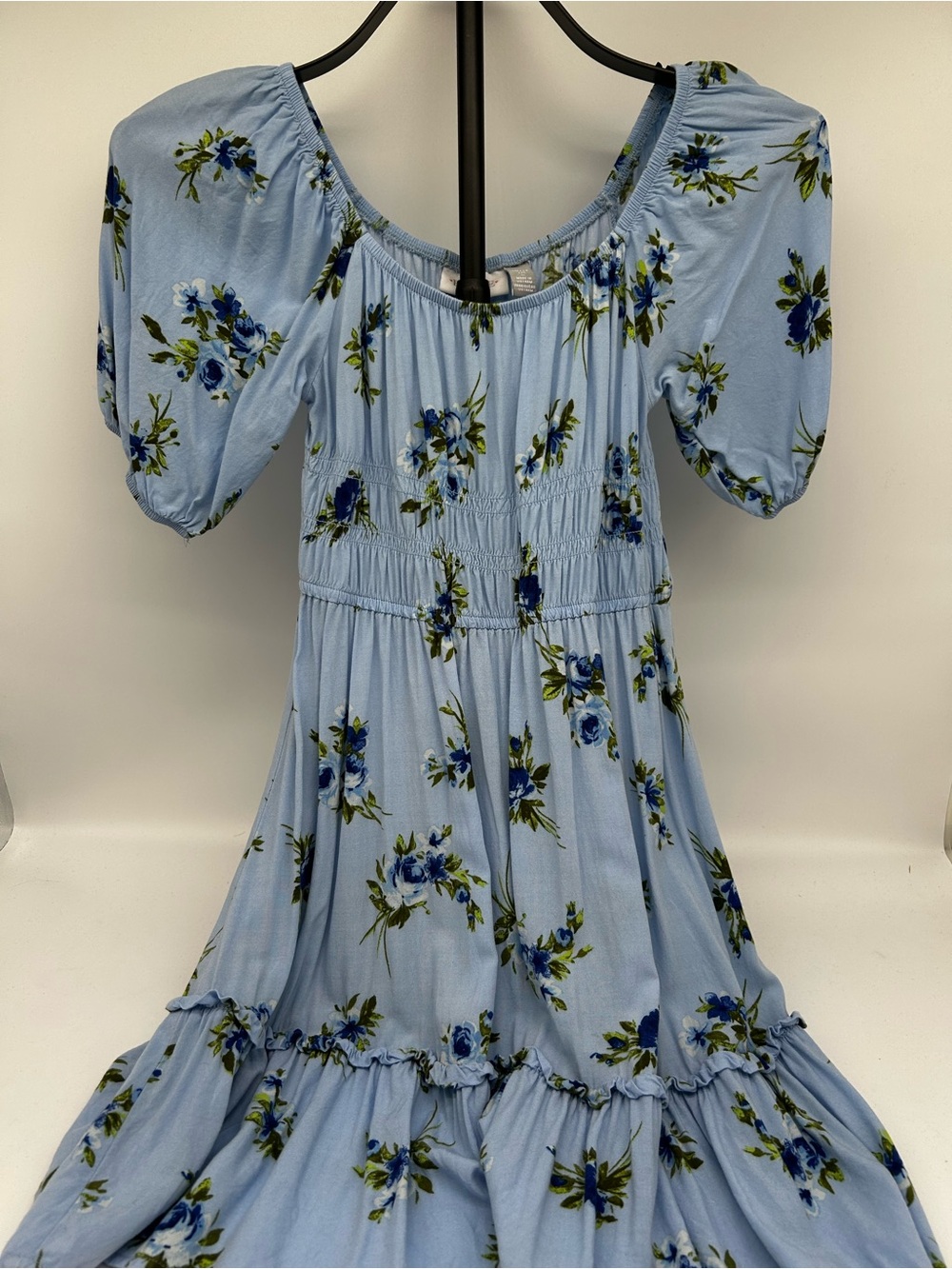 Place Light Blue Floral Puff Sleeve Smocked Dress L (10/12)